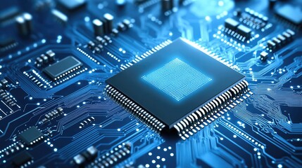 Poster - Close-up of a central processing unit on a circuit board, glowing blue