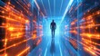 © taufiq - A lone figure navigates a futuristic server room, illuminated by glowing circuits