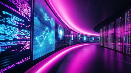 modern server room hallway with holographic displays