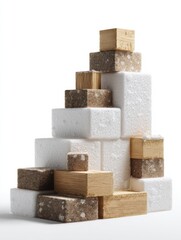 Aufkleber - Stacked Arrangement of Bricks and Foam Blocks Showcasing Textures and Structure Against a White Background