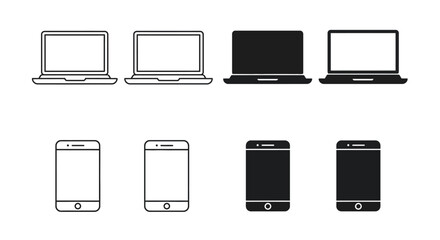 Set of electronic devices monochrome icons. Desktop computer, laptop, tablet pc and smartphone.