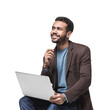 © kite_rin - Portrait of handsome smiling young man with laptop computer isolated transparent PNG, Joyful cheerful casual businessman looking up