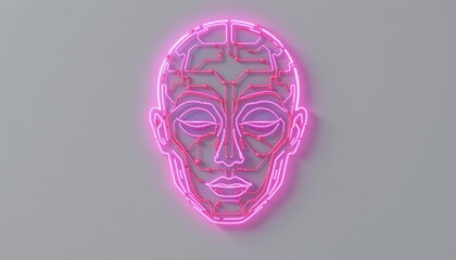 Poster - A neon face representing artificial intelligence, illuminated with pink light. The graphic features a human-like face and brain circuits, set against a grey background