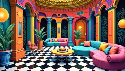 Aufkleber - a colorful and surreal interior design with vibrant furniture and unique architectural elements