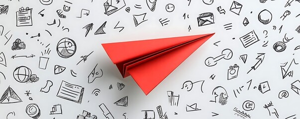 Poster - Red paper plane on sketch background