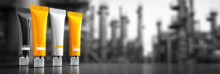 Aufkleber - Modern Packaged Sealant Tubes Displayed Against a Neutral Industrial Backdrop in a Contemporary Setting Showcasing Various Colors and Designs