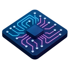 Fototapete - Isometric 3D rendering of a microchip with neon blue and pink circuits on a transparent background, concept for technology, innovation, and digital design