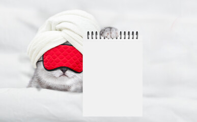 Poster - Cute kitten with towel on it head and with mask for sleep relaxing on a bed at spa salon and showing blank notepad. Top down view. Empty space for text
