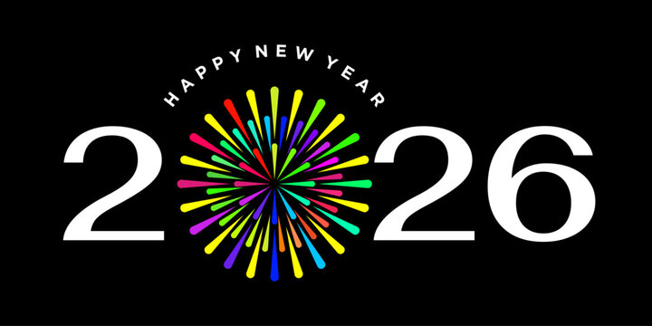 Inspiration Luxury New Year 2026 Logo with white numbers and colorful fireworks. New Year greeting cards. event, celebration