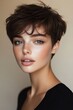 © anatolii - Young woman with short hair and natural makeup poses gracefully against a neutral background in a soft lighting setting