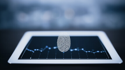 Poster - Biometric Security on Display: An advanced security authentication system, featuring a fingerprint scan, safeguarding financial data on a tablet device, offering advanced protection.