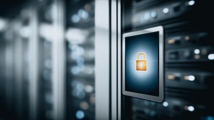 Poster - Cybersecurity on Tablet: A tablet displaying a glowing padlock icon is mounted on a server rack, symbolizing robust data protection and digital security within a modern data center.