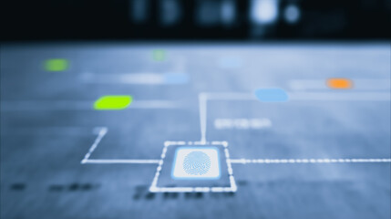 Poster - Fingerprint Security Network: A close-up shot reveals a futuristic fingerprint icon at the center of an intricate network, symbolizing advanced security and data protection.