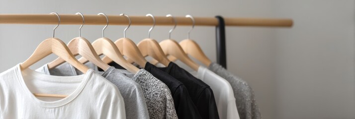 Leinwandbilder - Hanging Gym Clothes on a Minimalist Rack Showcasing a Simple and Organized Wardrobe Setup With Neutral Colors