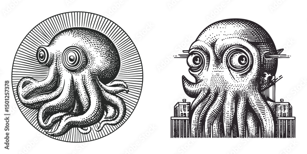 Vintage Style Vector Illustration of an Octopus with Retro Design ...