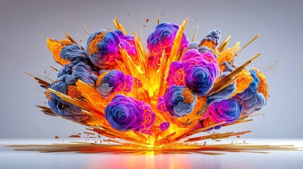 Poster - Lava Burst Explosion, a massive detonation erupts with vibrant colors, ash particles scatter outward, set against a stark white background for striking contrast and simplicity