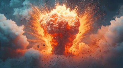 Poster - Dynamic city pop illustration, vivid molten rock explosion, fire in slow motion, suspended particles, surreal atmosphere, minimalist background, clean and simple setting.