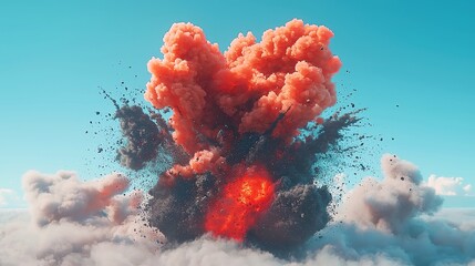Poster - Dynamic explosion in vibrant city pop style, intricate details of fiery red and black smoke clouds, dramatic mid-air eruption against a minimalist backdrop
