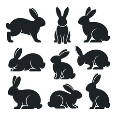 Poster - Nine Black Silhouettes of Rabbits in Various Poses for Easter Design Elements
