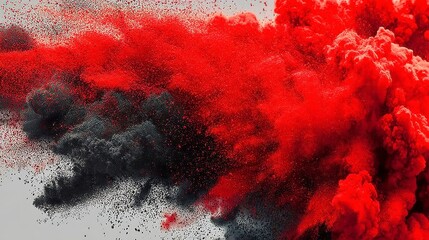 Poster - Vibrant Explosion Art, dynamic red flames and dark smoke create a striking contrast against a minimalist backdrop, showcasing bold painterly textures and vivid colors.