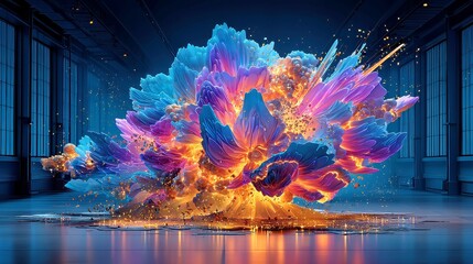 Poster - Surreal explosion artwork featuring vibrant bloom effects, glowing ember sparks, and floating debris against a minimalist backdrop, creating an ethereal and captivating scene