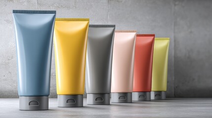 Poster - Modern Sealant Tubes Arranged on a Neutral Industrial Background in a Well-Lit Setting With Varied Colors and Designs for Practical Use