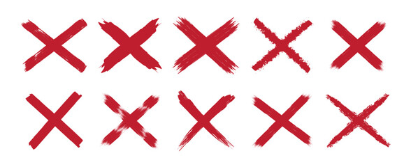 Fototapete - Red cross sign icon in brush set. Grunge red cross wrong symbol, red cross, x, reject, cancel cross mark.  vector illustration.