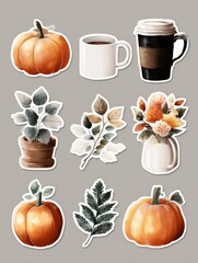 Poster - Charming Fall-Themed Stickers Featuring Pumpkins, Coffee, and Autumn Leaves Captured in Soft Colors on a Neutral Background