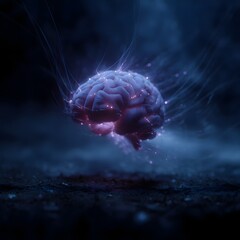 Poster - Futuristic AI powered brain made of glowing fiber optics in cosmic space