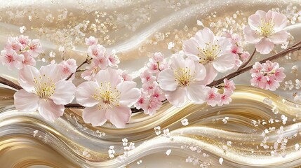 Wall Mural - Pink cherry blossoms wave background