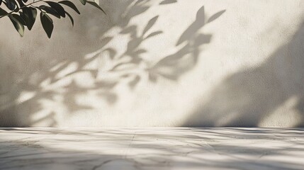 Poster - Minimalistic light background with blurred foliage shadow on a light wall. Beautiful background for presentation with with marble floor.