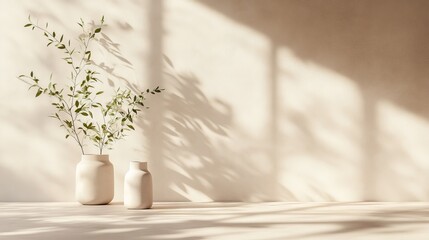 Poster - Minimalistic abstract gentle light beige background for product presentation with light andand intricate shadow from the window and vegetation on wall.