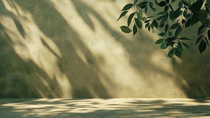 Poster - Background Green abstract nature Shadow Overlay Leaf Natural blur Cement Wall Floor Beige Mockup Product Cosmetic Summer Tropical Nature Presentation Frame Template Eco Backdrop Environment