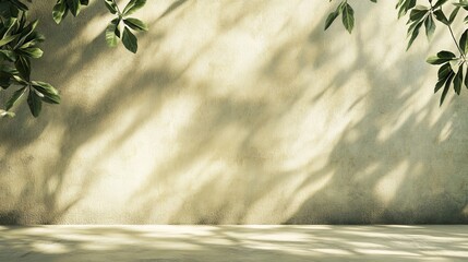 Poster - Background Green abstract nature Shadow Overlay Leaf Natural blur Cement Wall Floor Beige Mockup Product Cosmetic Summer Tropical Nature Presentation Frame Template Eco Backdrop Environment