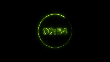 Leinwandbilder - Digital countdown timer neon bright lime green color 4k illustration of 54 second transparent on black background. 54 seconds digital timer 4k illustration. 