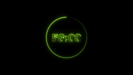 Leinwandbilder - Digital countdown timer neon bright lime green color 4k illustration of 58 second transparent on black background. 58 seconds digital timer 4k illustration. 