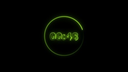 Leinwandbilder - Digital countdown timer neon bright lime green color 4k illustration of 48 second transparent on black background. 48 seconds digital timer 4k illustration. 