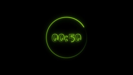 Leinwandbilder - Digital countdown timer neon bright lime green color 4k illustration of 50 second transparent on black background. 50 seconds digital timer 4k illustration. 