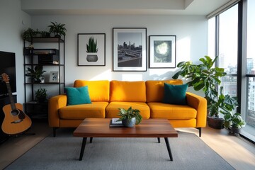Poster - Modern living room design urban apartment interior photography bright atmosphere wide angle cozy ambiance