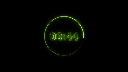 Leinwandbilder - Digital countdown timer neon bright lime green color 4k illustration of 44 second transparent on black background. 44 seconds digital timer 4k illustration. 