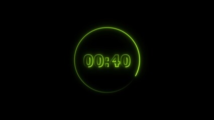 Leinwandbilder - Digital countdown timer neon bright lime green color 4k illustration of 40 second transparent on black background. 40 seconds digital timer 4k illustration. 
