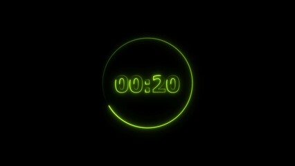 Leinwandbilder - Digital countdown timer neon bright lime green color 4k illustration of 20 second transparent on black background. 20 seconds digital timer 4k illustration. 