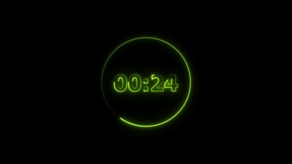 Leinwandbilder - Digital countdown timer neon bright lime green color 4k illustration of 24 second transparent on black background. 24 seconds digital timer 4k illustration. 