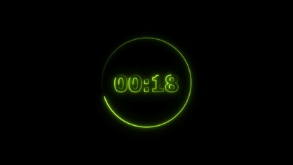 Leinwandbilder - Digital countdown timer neon bright lime green color 4k illustration of 18 second transparent on black background. 18 seconds digital timer 4k illustration. 