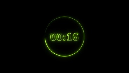 Leinwandbilder - Digital countdown timer neon bright lime green color 4k illustration of 16 second transparent on black background. 16 seconds digital timer 4k illustration. 