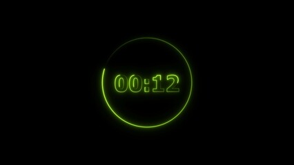 Leinwandbilder - Digital countdown timer neon bright lime green color 4k illustration of 12 second transparent on black background. 12 seconds digital timer 4k illustration. 