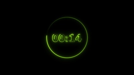 Leinwandbilder - Digital countdown timer neon bright lime green color 4k illustration of 14 second transparent on black background. 14 seconds digital timer 4k illustration. 