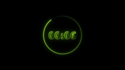 Leinwandbilder - Digital countdown timer neon bright lime green color 4k illustration of 6 second transparent on black background. 6 seconds digital timer 4k illustration. 