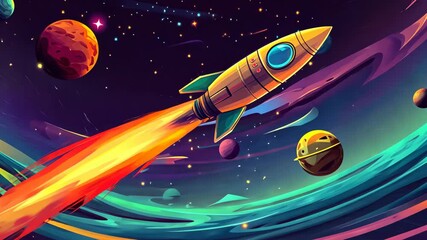 Wall Mural - A rocket is flying through space with a planet in the background. The rocket is yellow and has a window