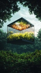 Poster - Floating glass cube with lush greenery enchanted forest digital art tranquil atmosphere aerial view nature concept